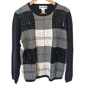 Vintage Alfred Dunner Womens Retro Sweater SZ Small Shiny Black White Wool Blend